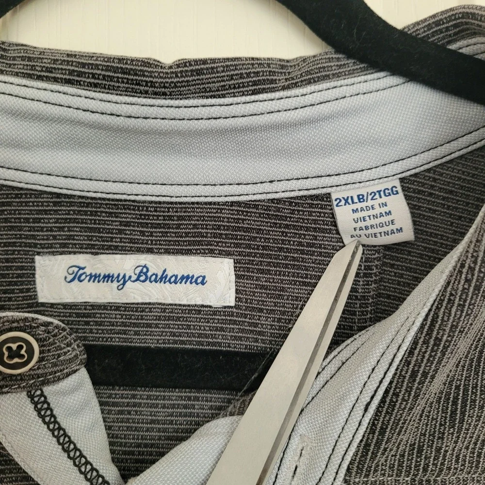 Tommy Bahama 2XL Big & Tall Gray Striped Long Sleeve Polo Shirt TENCEL Modal